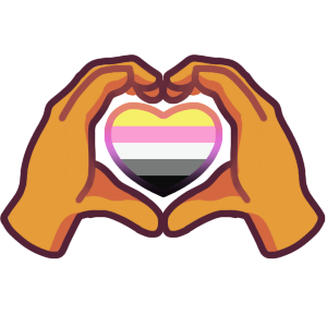two hands forming a heart space between them, with a heart in the middle that has the stripes of the queerplatonic flag on it